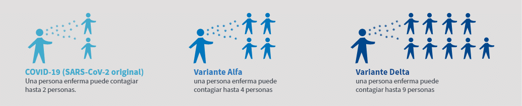 COVID-19 (SARS-CoV-2 original) Una persona enferma puede contagiar hasta 2 personas. Variante Alfa una persona enferma puede contagiar hasta 4 personas Variante Delta una persona enferma puede contagiar hasta 9 personas