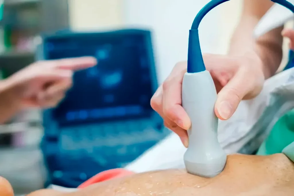 An echocardiogram is being performed in the consultation room; one of the doctor’s hands points to the monitor while the other holds the transducer