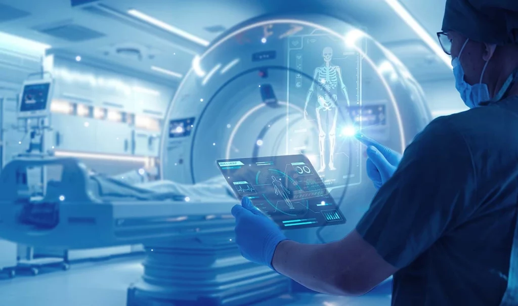 Médico aplicando la inteligencia artificial en la medicina, trabajando con una tablet, mientras realiza un procedimiento de tomografía computarizada.