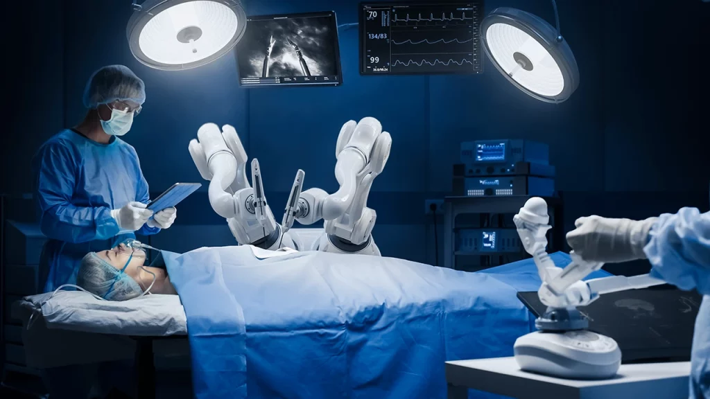 Equipo de cirugía robótica, parte de la robótica médica, en un quirófano, mientras un médico realiza un procedimiento a un paciente adecuado.