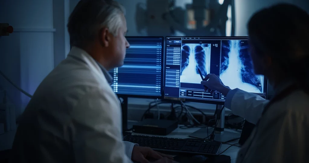 Médicos revisando radiografías en un monitor para identificar el padecimiento que está presentando su paciente.
