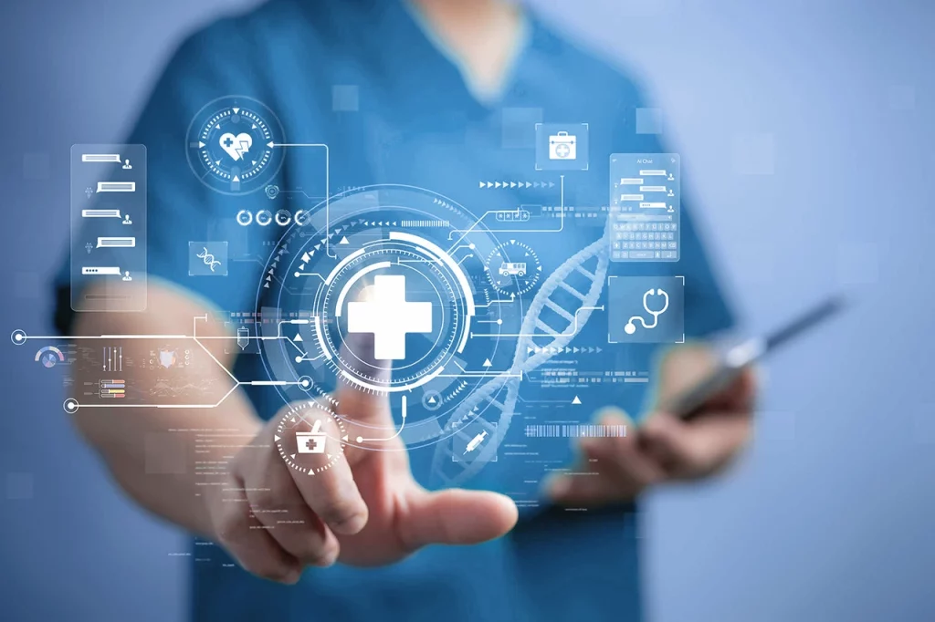 Médico seleccionando una opción en un holograma para representar la Inteligencia artificial en la medicina.